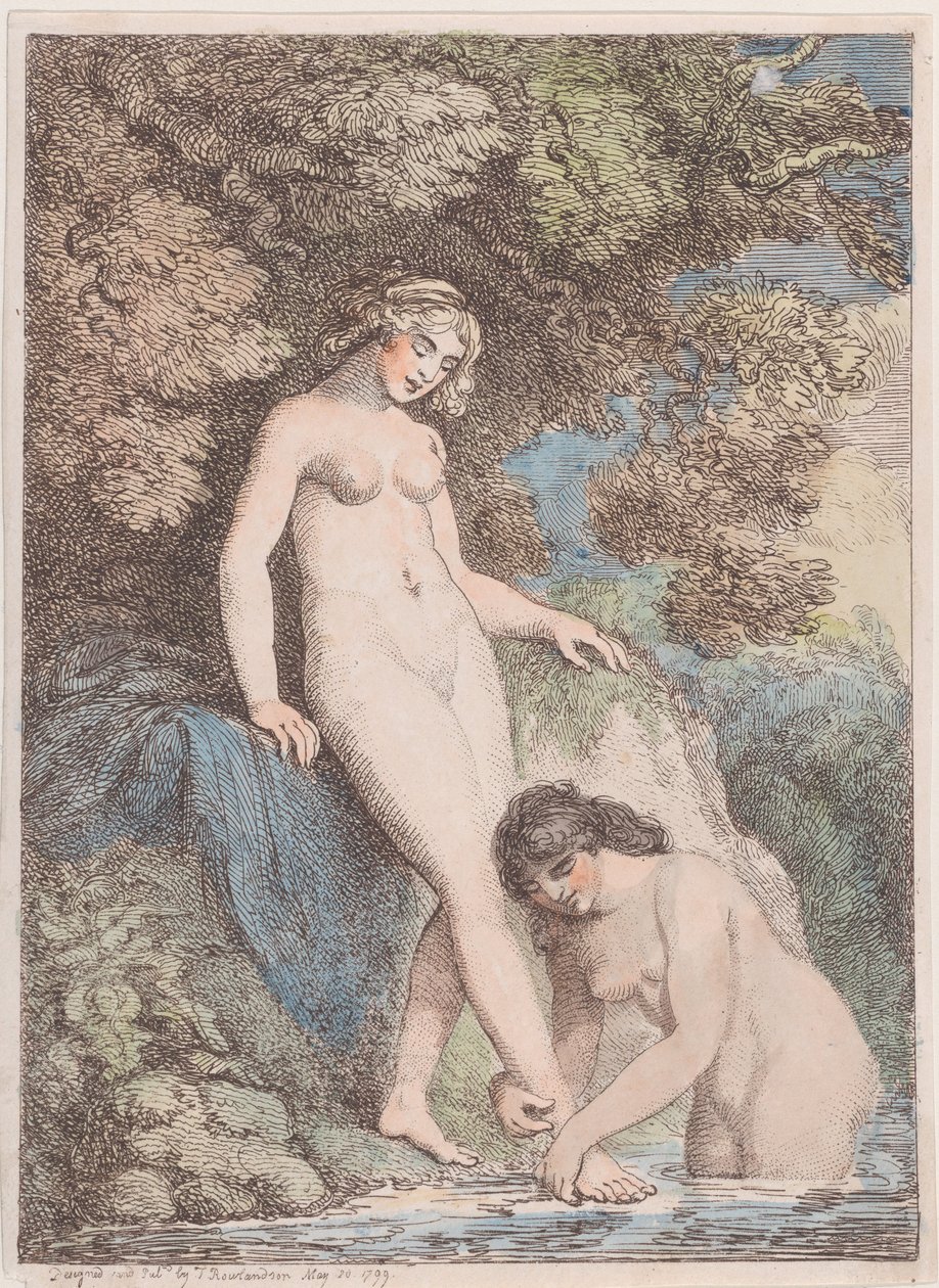 Duas ninfas tomando banho, uma lavando o pé da outra, 20 de maio de 1799., 20 de maio de 1799. de Thomas Rowlandson