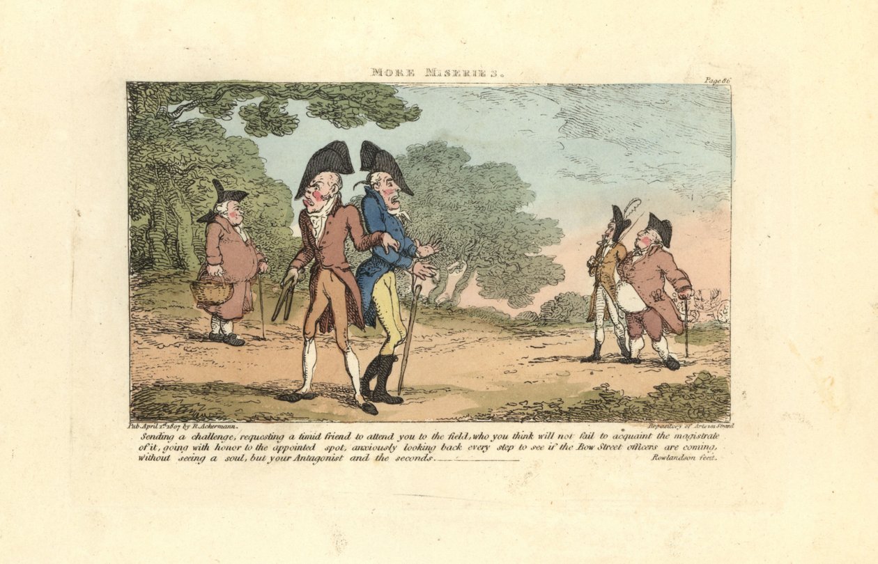 Dois cavalheiros do Regency prestes a travar um duelo com pistolas. de Thomas Rowlandson