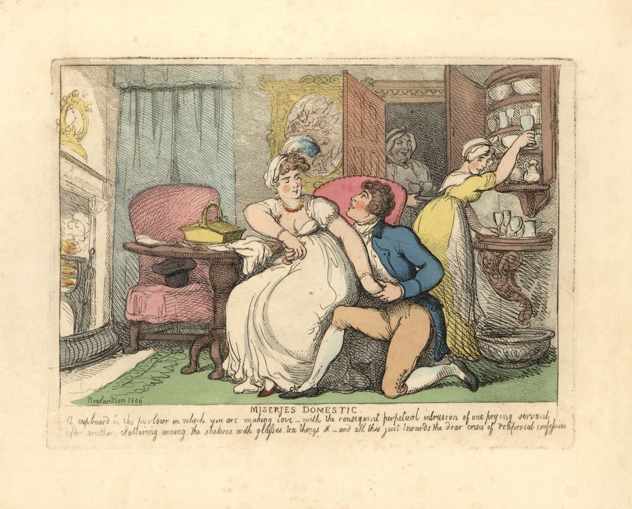Dois amantes numa sala de estar perturbados por empregadas curiosas. de Thomas Rowlandson