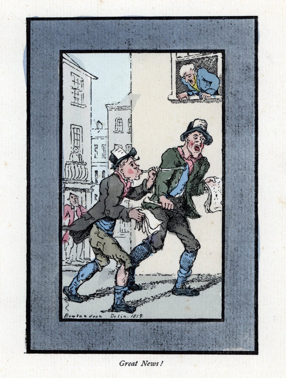 Dois vendedores de jornais com longos apitos a vender jornais numa rua de Londres. Gravura em madeira, baseada numa pintura de Thomas Rowlandson (1756-1827), publicada em The Cris of London: com seis crianças encantadoras e quase 40 ilustrações, de Andrew  de Thomas Rowlandson