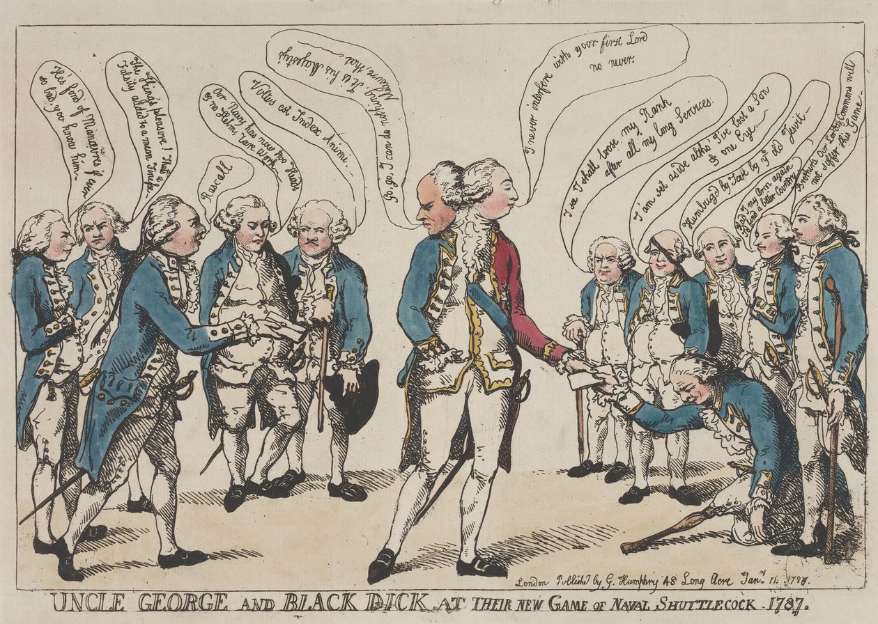 O tio George e o Black Dick no seu novo jogo de «Naval Shuttlecock» de Thomas Rowlandson