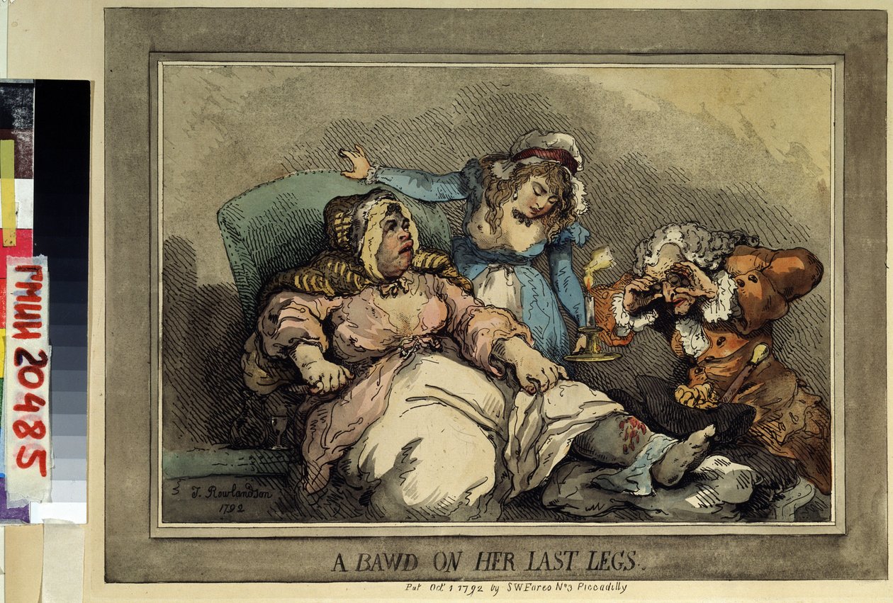Um bawd na sua última perna Desenho de Thomas Rowlandson (1756-1827). Gravura a cores, 27,4 x 37 cm de Thomas Rowlandson