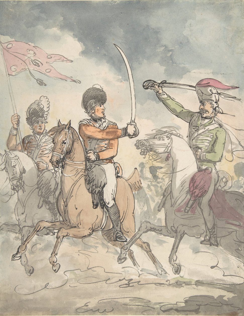 Estudo não utilizado para uma placa para o Exercício de Espada Larga Húngara e das Terras Altas, 12 de fevereiro de 1799, ca 1799. de Thomas Rowlandson.