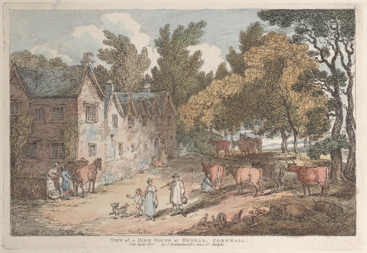 Vista de uma casa de fazenda em Hengar, Cornwall, de Views in Cornwall, 12 de abril de 1812., 12 de abril de 1812. de Thomas Rowlandson
