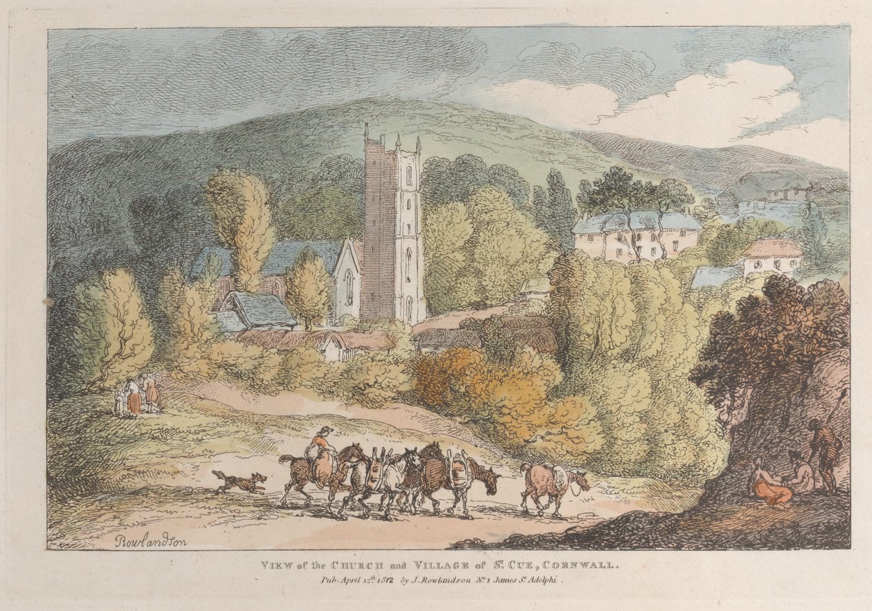 Vista da igreja e da aldeia de St. Cue, na Cornualha de Thomas Rowlandson