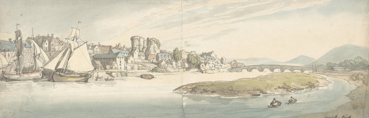 Vista da cidade sobre um castelo do rio Carwitham, 1775-1827. de Thomas Rowlandson