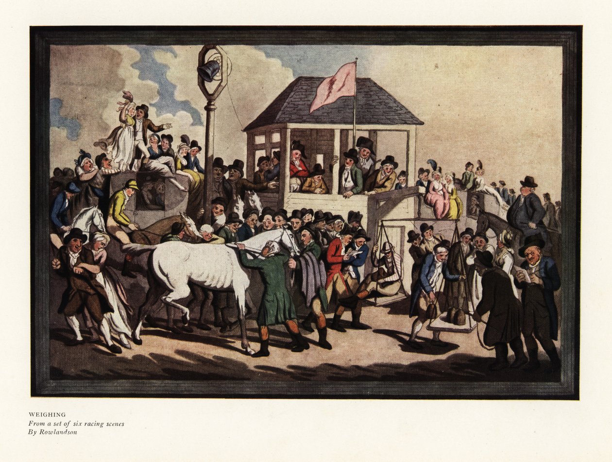Pesar um jockey num conjunto de balanças numa pista de corrida de Thomas Rowlandson