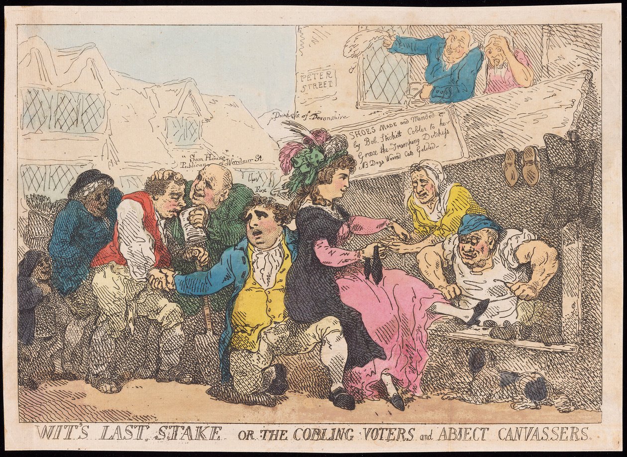 Wits Last Stake, ou The Cobling Voters e Abject Canvassers, pub. (gravura colorida à mão) de Thomas Rowlandson