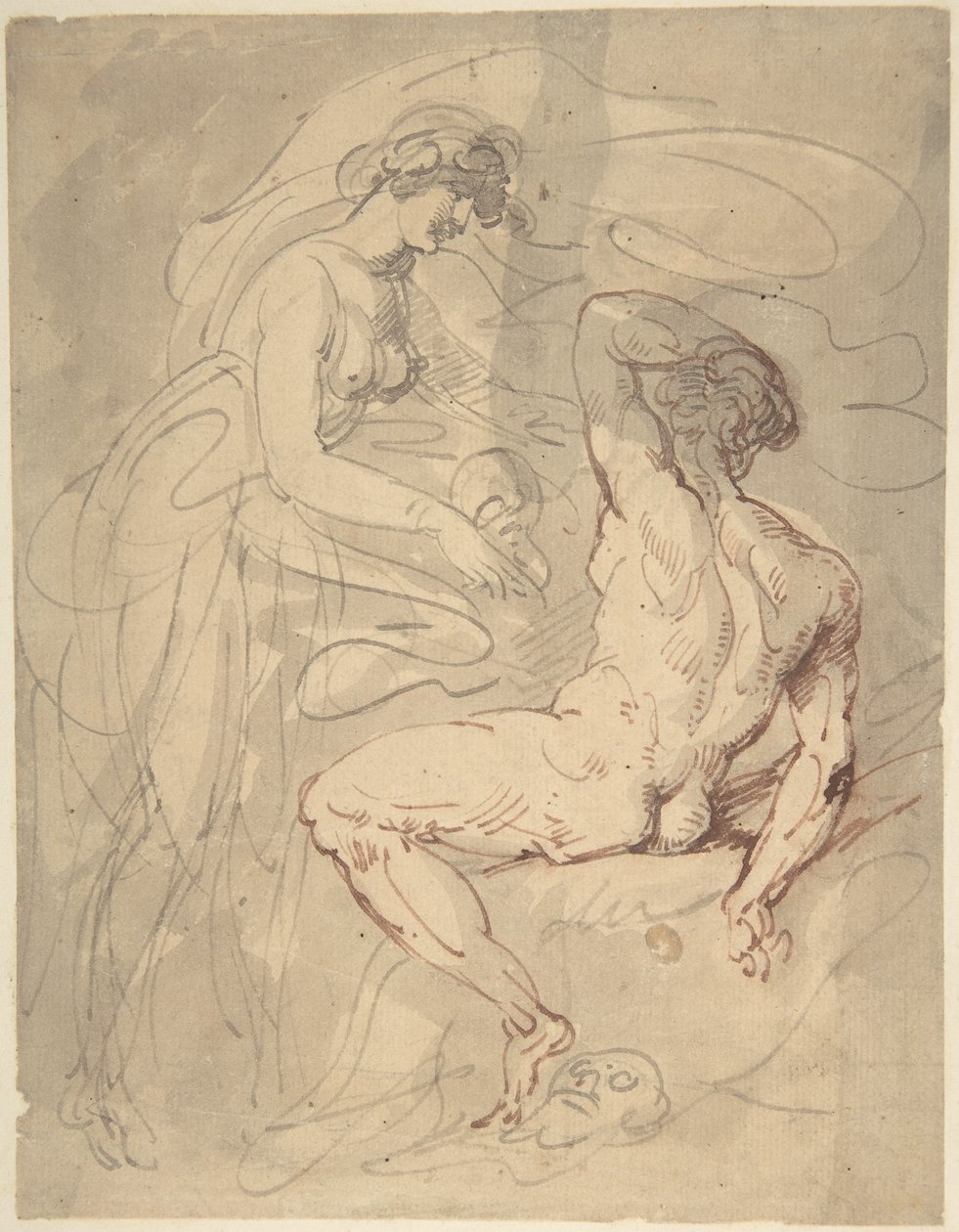 Mulher a conversar com um homem nu sentado de Thomas Rowlandson