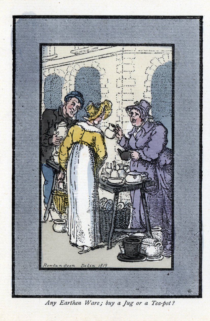 A mulher que vende jarros, bules e tigelas tem uma esquina. Uma mulher jovem e elegante olha para a mercadoria. Gravura em madeira, baseada numa pintura de Thomas Rowlandson (1756-1827), publicada em The Cris of London: com seis crianças encantadoras e qua de Thomas Rowlandson