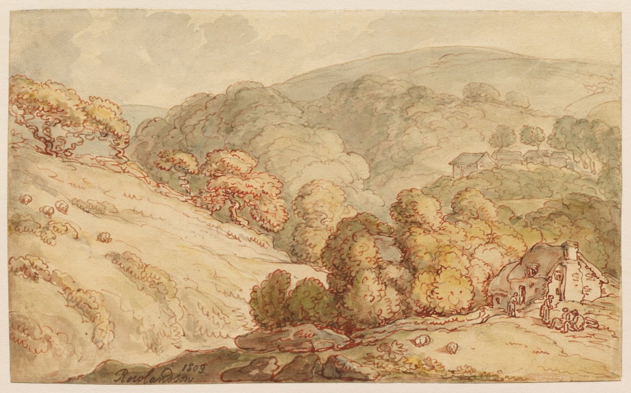 Paisagem montanhosa arborizada com casa de campo e figuras de Thomas Rowlandson