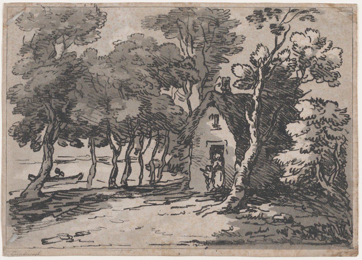 Cena arborizada com figuras na porta de uma casa de campo, 1783-88., 1783-88. de Thomas Rowlandson
