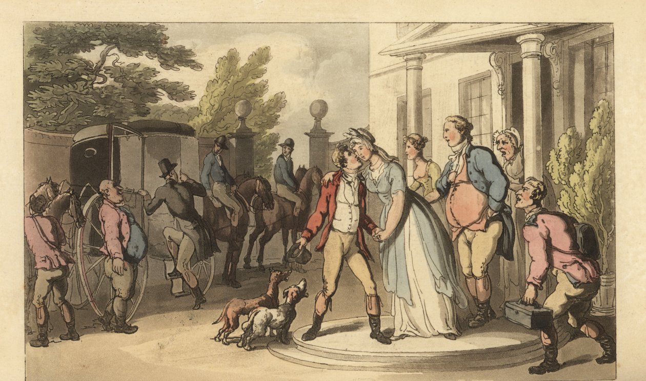 Jovem cavalheiro inglês deixando sua família para ir no Grand Tour de Thomas Rowlandson