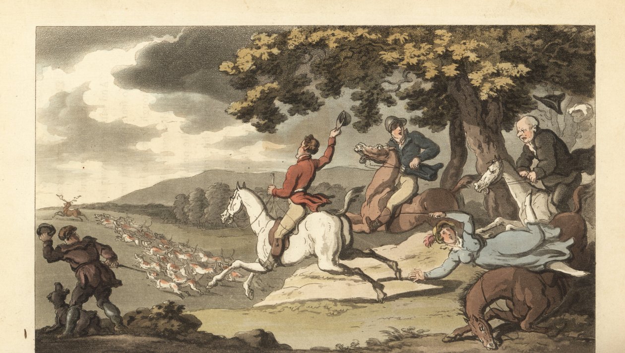Jovem cavalheiro inglês cavalgando com cães de caça em uma caçada de veados de Thomas Rowlandson