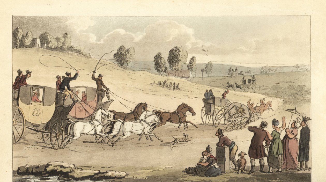 Jovens cavalheiros ingleses a correr em quatro carruagens de cavalos numa estrada de Thomas Rowlandson