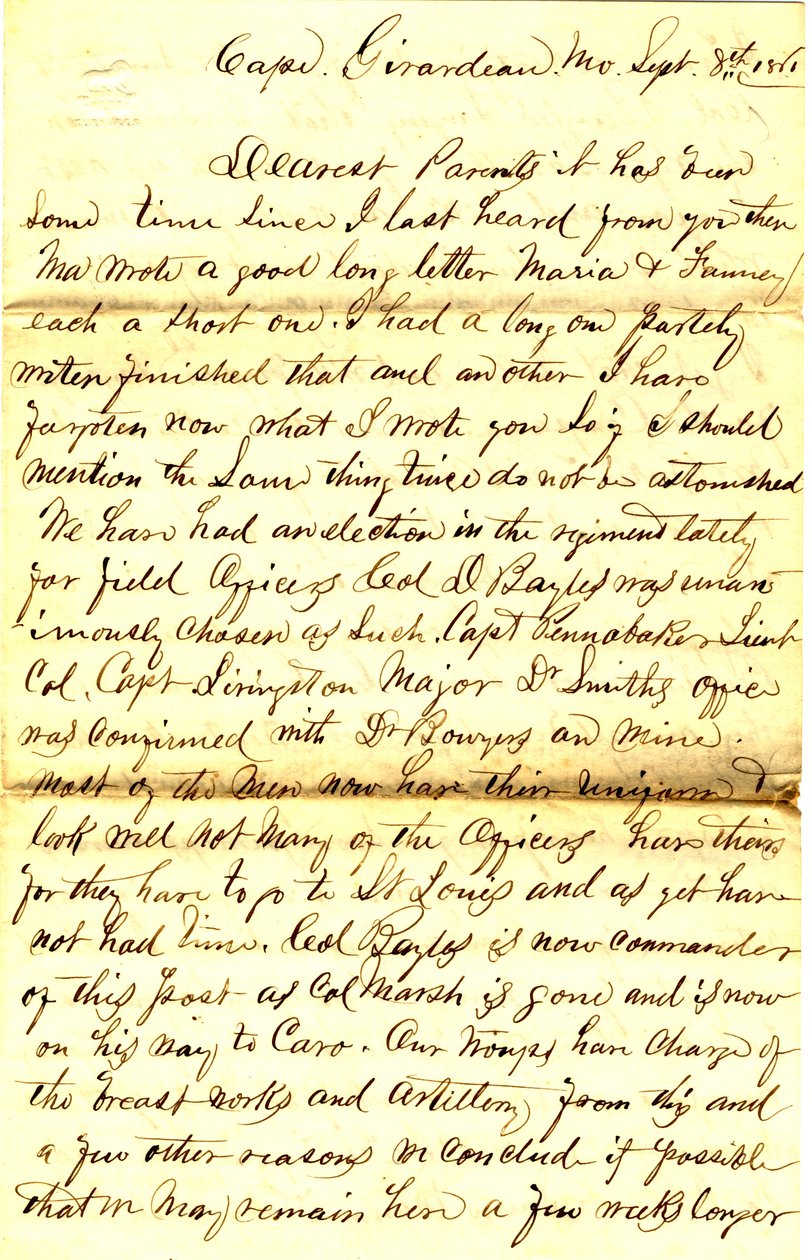 Carta assinada por T.S. Hawley, Cabo Girardeau, Missouri, aos pais, 8 de Setembro de 1861 de Thomas S. Hawley