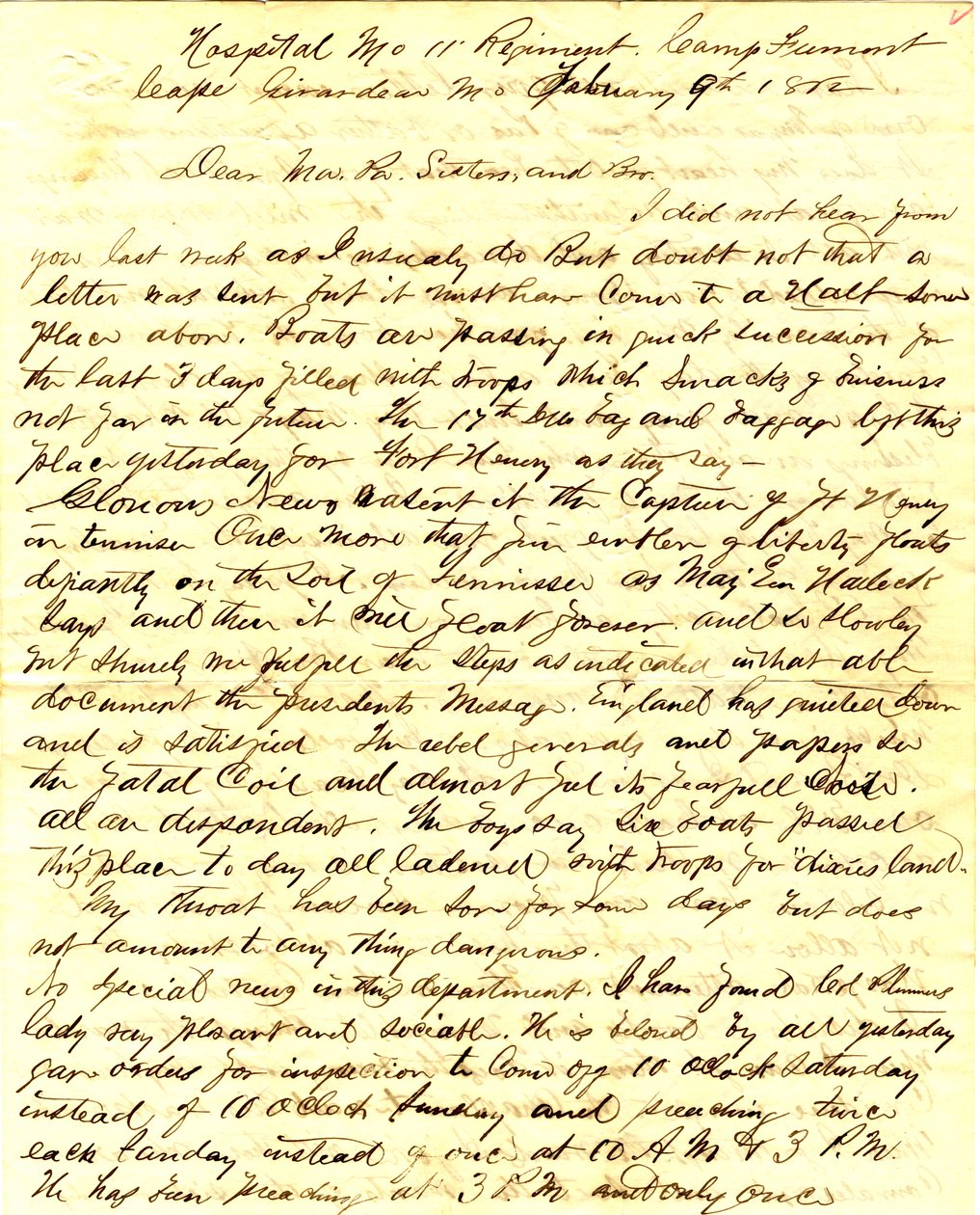 Carta assinada por T.S. Hawley, Hospital 11th Missouri Infantry, Camp Fremont, Cabo Girardeau, à família, 9 de Fevereiro de 1862 de Thomas S. Hawley