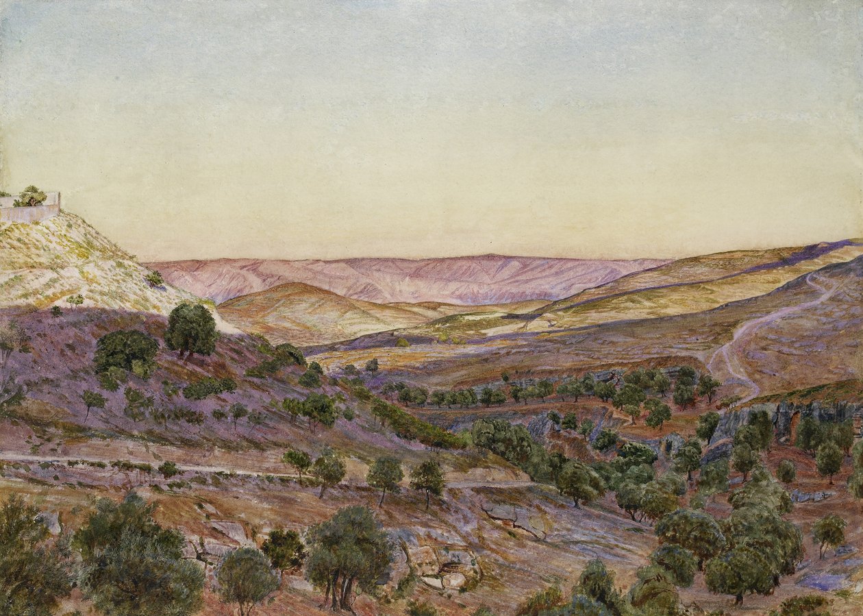 As Colinas de Moabe e o Vale de Hinom, 1854 (aguarela e bodycolour) de Thomas Seddon