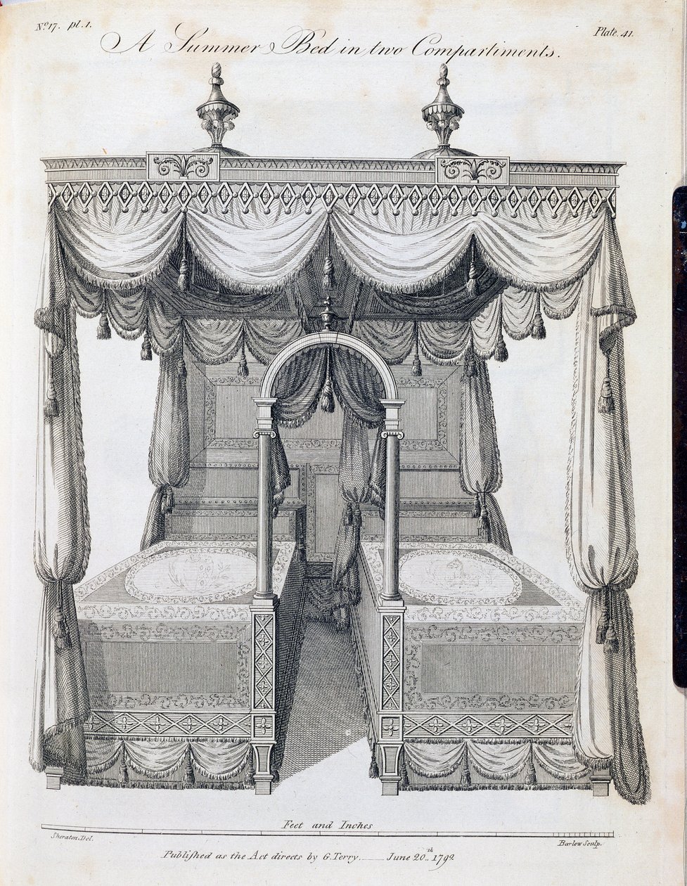 Cama de verão em dois compartimentos: placa 41, de &39;The Cabinet Maker um livro de desenho de estofador&39; por Thomas Sheraton, parte III, pub. por G. Terry, junho de 1793 (bw print) de Thomas Sheraton