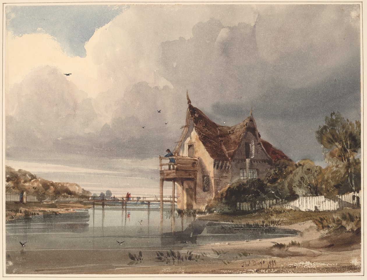Um rio e casa de campo com paliçada branca de Thomas Shotter Boys