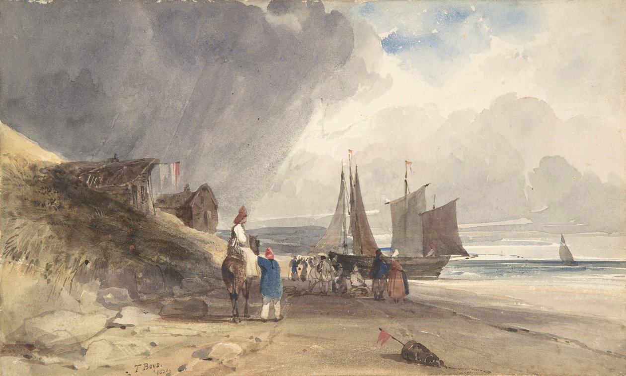 Figuras em uma praia, norte da França, 1830. de Thomas Shotter Boys