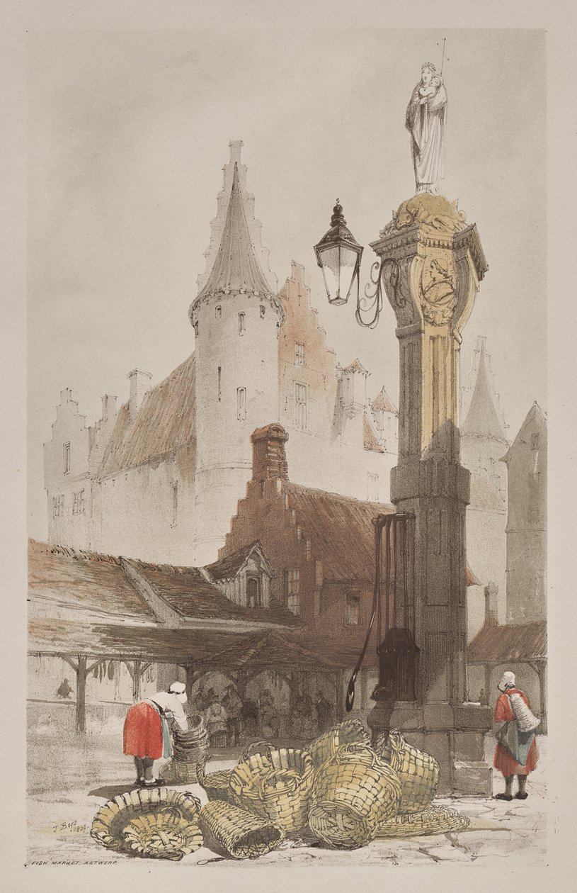Arquitetura pitoresca em Paris, Ghent, Antuérpia, Rouen: Fish Market, Antuérpia, Bélgica de Thomas Shotter Boys