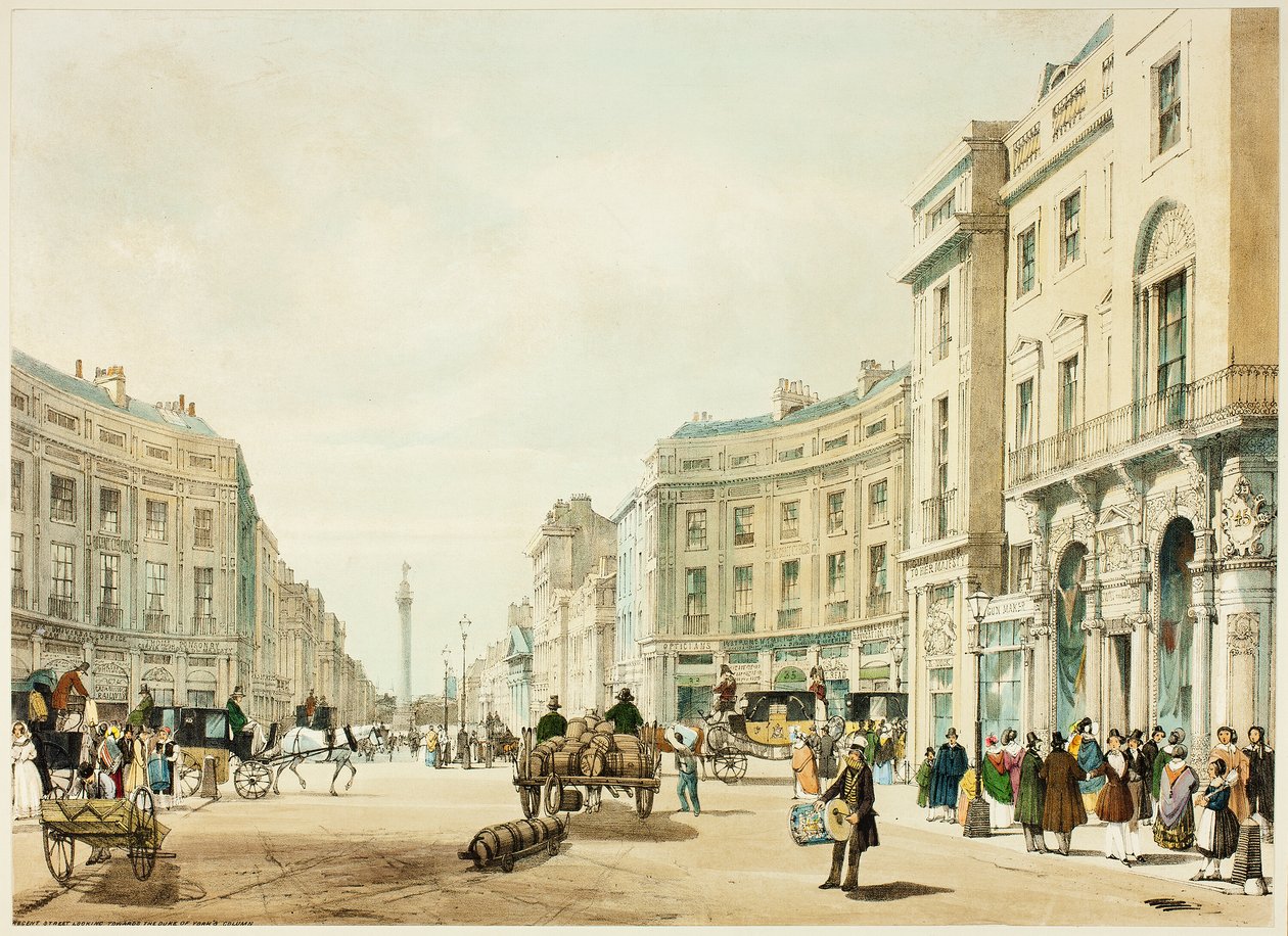 Regent Street com vista para a coluna do duque de York, placa doze de "Original Views of London as It Is de Thomas Shotter Boys