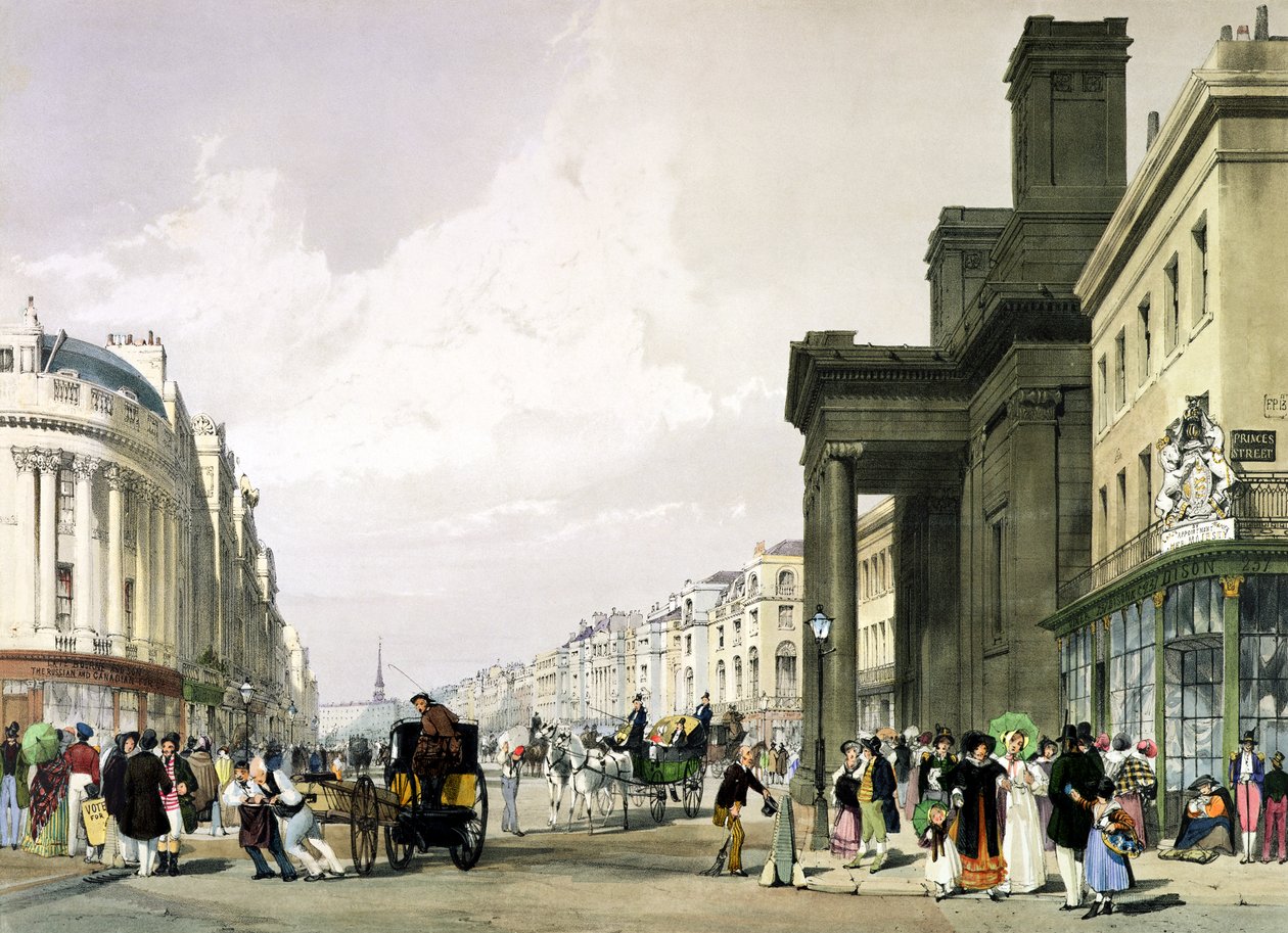 Regent Street olhando para o Quadrante com Hanover Chapel em primeiro plano e compradores passeando, 1842 de Thomas Shotter Boys