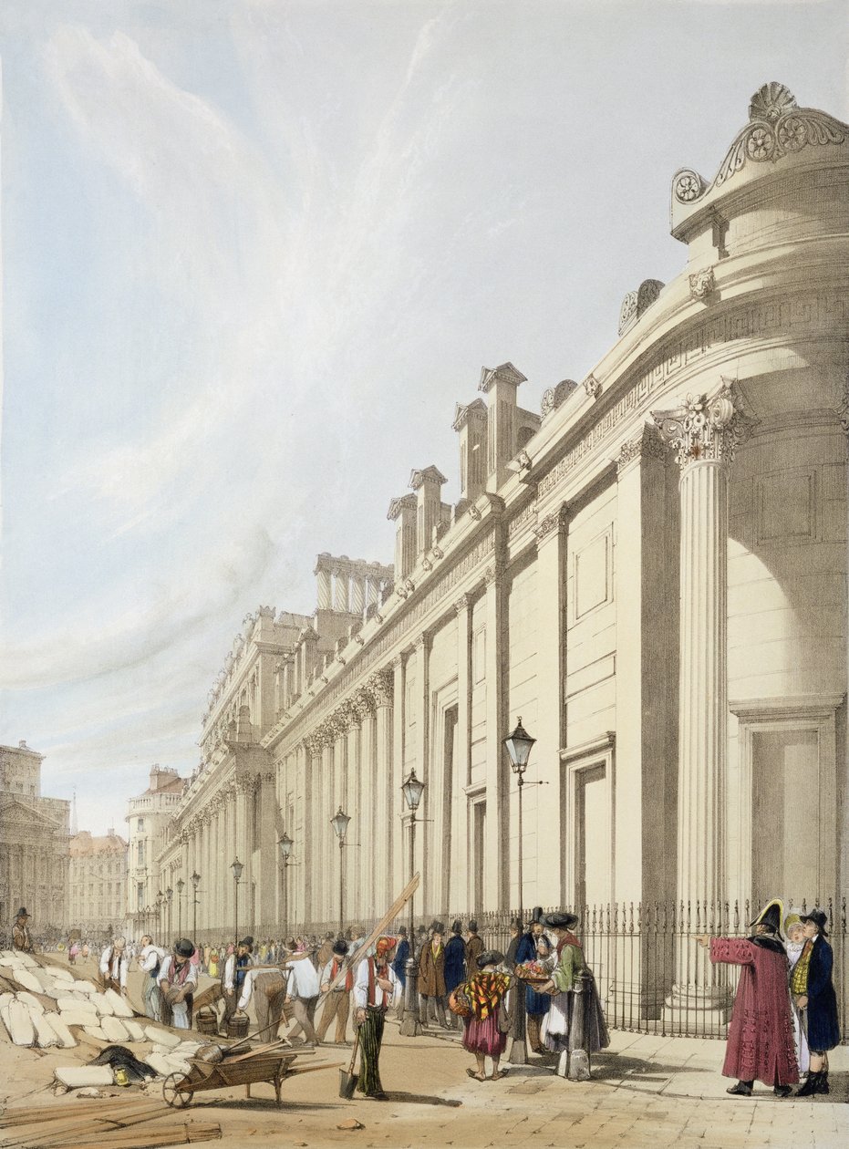 O Banco da Inglaterra, olhando para a Mansion House, de "London As It Is", gravado e publicado pelo artista, 1842 de Thomas Shotter Boys