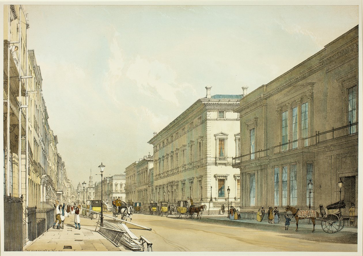 The Club Houses e Pall Mall, placa treze de Original Views of London as It Is de Thomas Shotter Boys