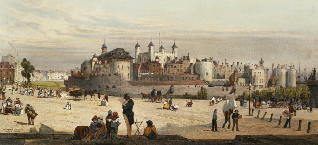 The Tower and Mint, de Great Tower Hill, de "London As It Is", gravada e pub. pelo artista, 1842 de Thomas Shotter Boys