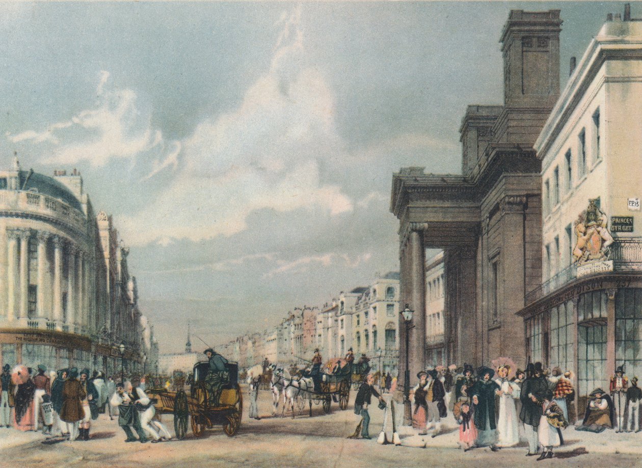 Vista da rua Regent, olhando para o quadrante com a capela de Hanover em primeiro plano, 1842 de Thomas Shotter Boys