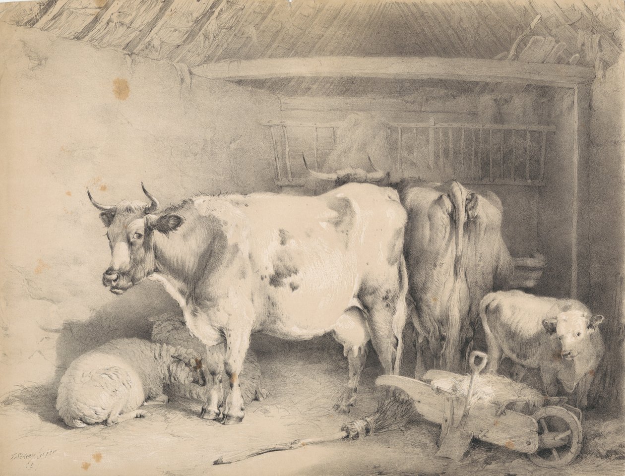 Ovelhas e gado num celeiro de Thomas Sidney Cooper