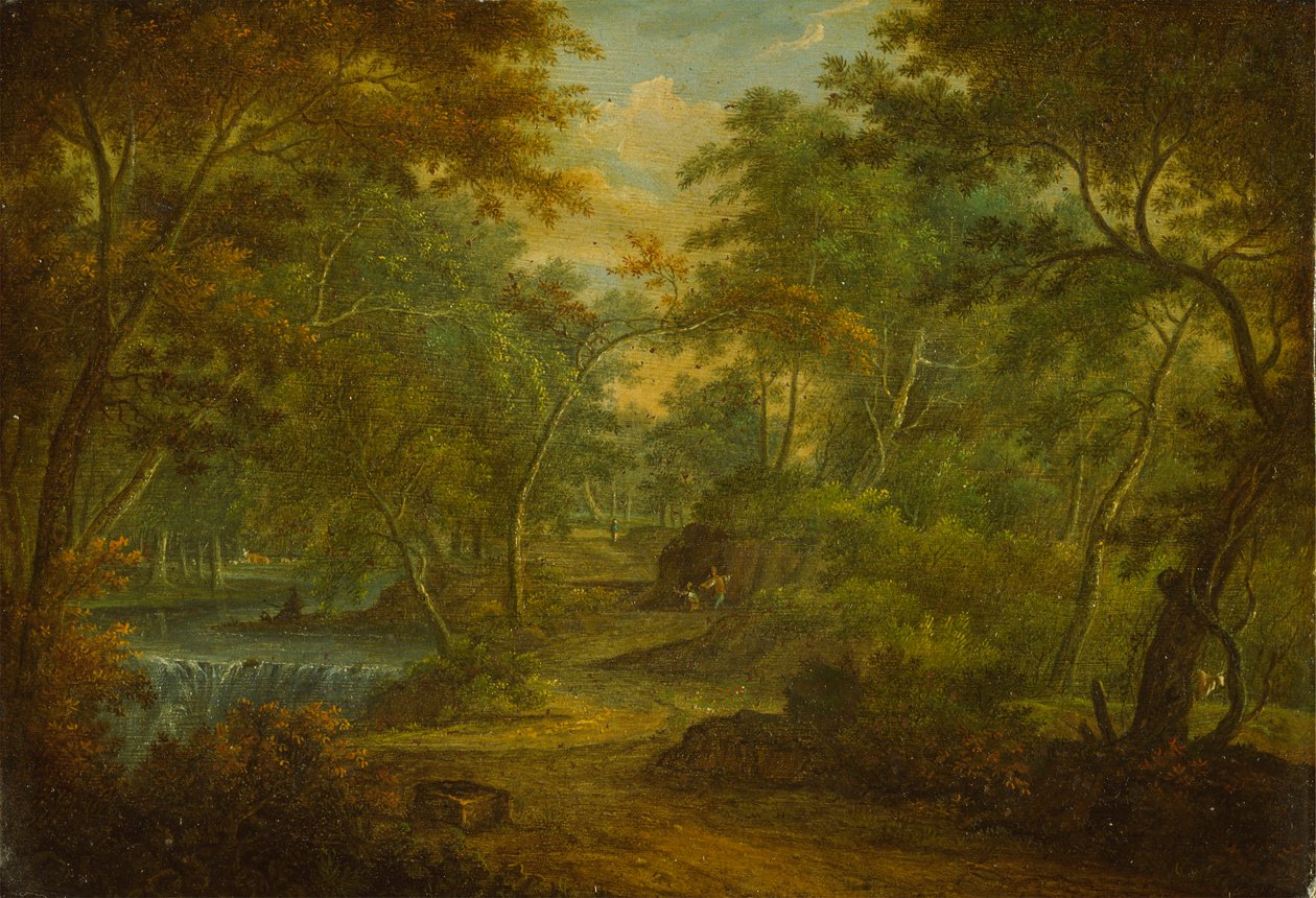 Uma paisagem arborizada com um riacho e um pescador de Thomas Smith of Derby