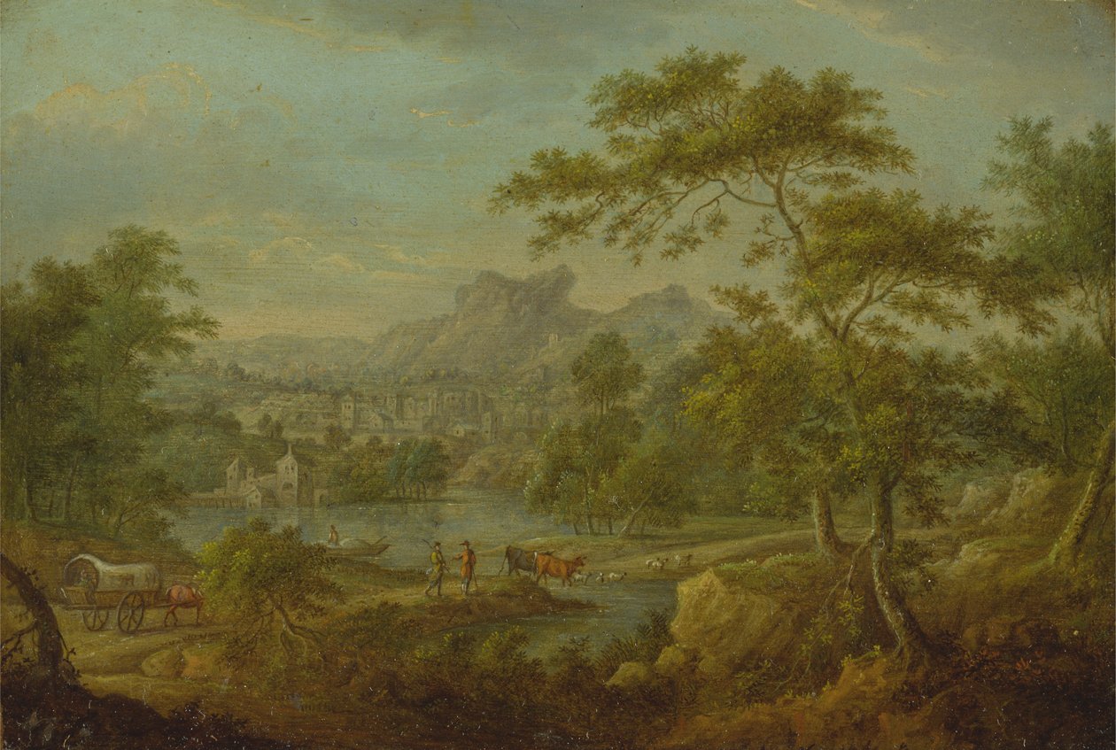Uma paisagem imaginária com uma carroça e uma vista distante de uma cidade de Thomas Smith of Derby