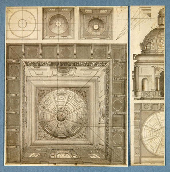 Desenhos para um teto abobadado e almofadado (caneta, tinta e lavagem) de Thomas Snr. Malton