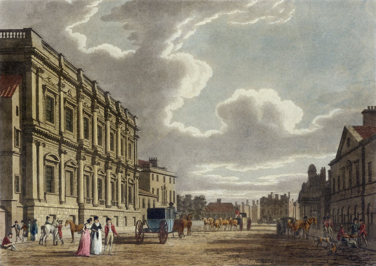 Whitehall, Westminster em Londres (aquatint colorido) de Thomas Snr. Malton