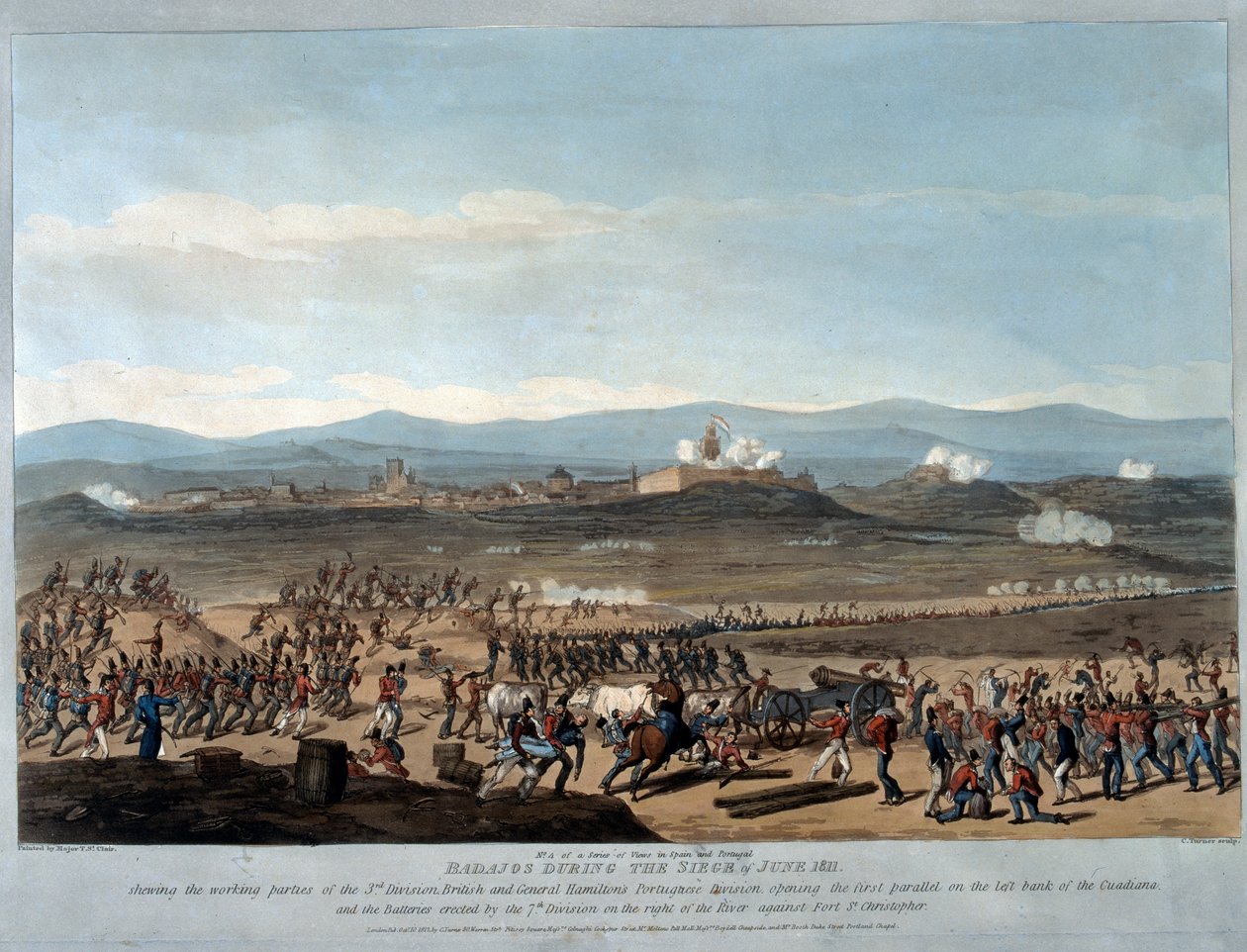 Badajoz Durante o cerco de junho de 1811, a chapa 4 de "Uma série de opiniões sobre as principais ocorrências das campanhas em Espanha e Portugal", gravada por Charles Turner, publicada em 1812 (aquatint) de Thomas Staunton St. Clair