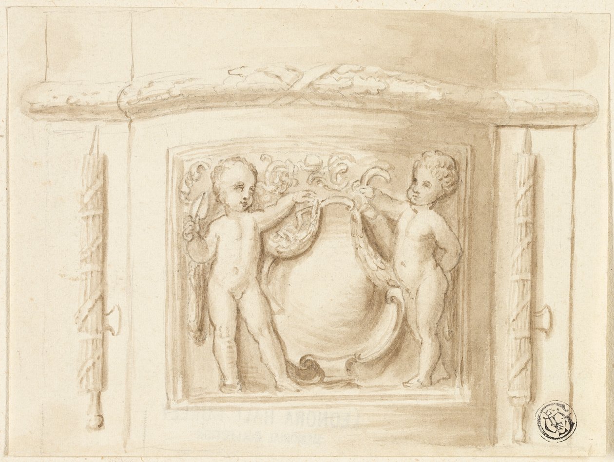 Base de Pilastra com Relevo, com 2 Putti, Escudo de Thomas Stothard