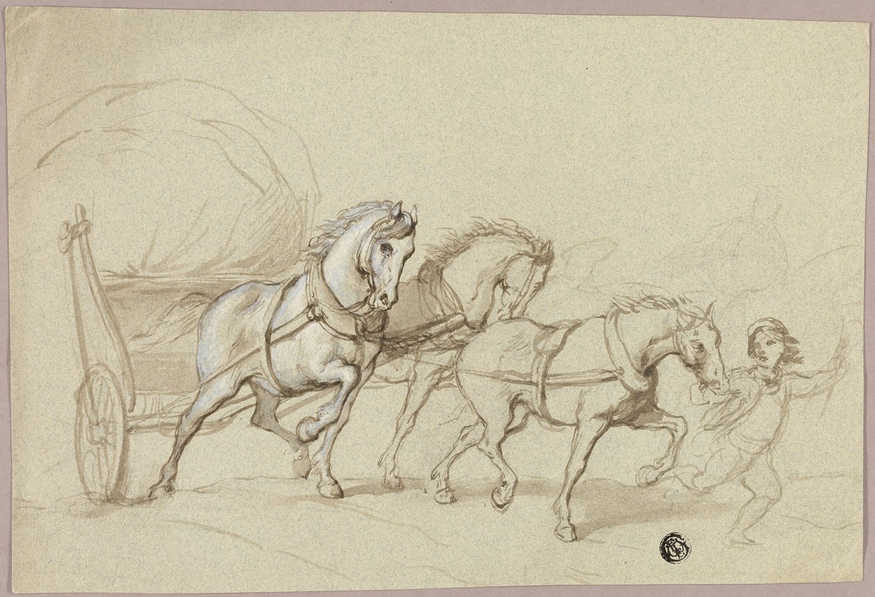 Criança conduzindo três cavalos e carroça de Thomas Stothard