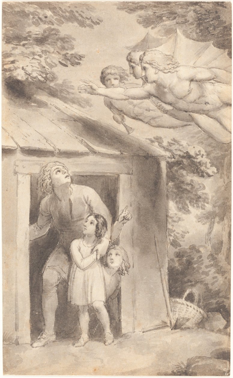Pedro e seus filhos visitados por três figuras voadoras de Thomas Stothard