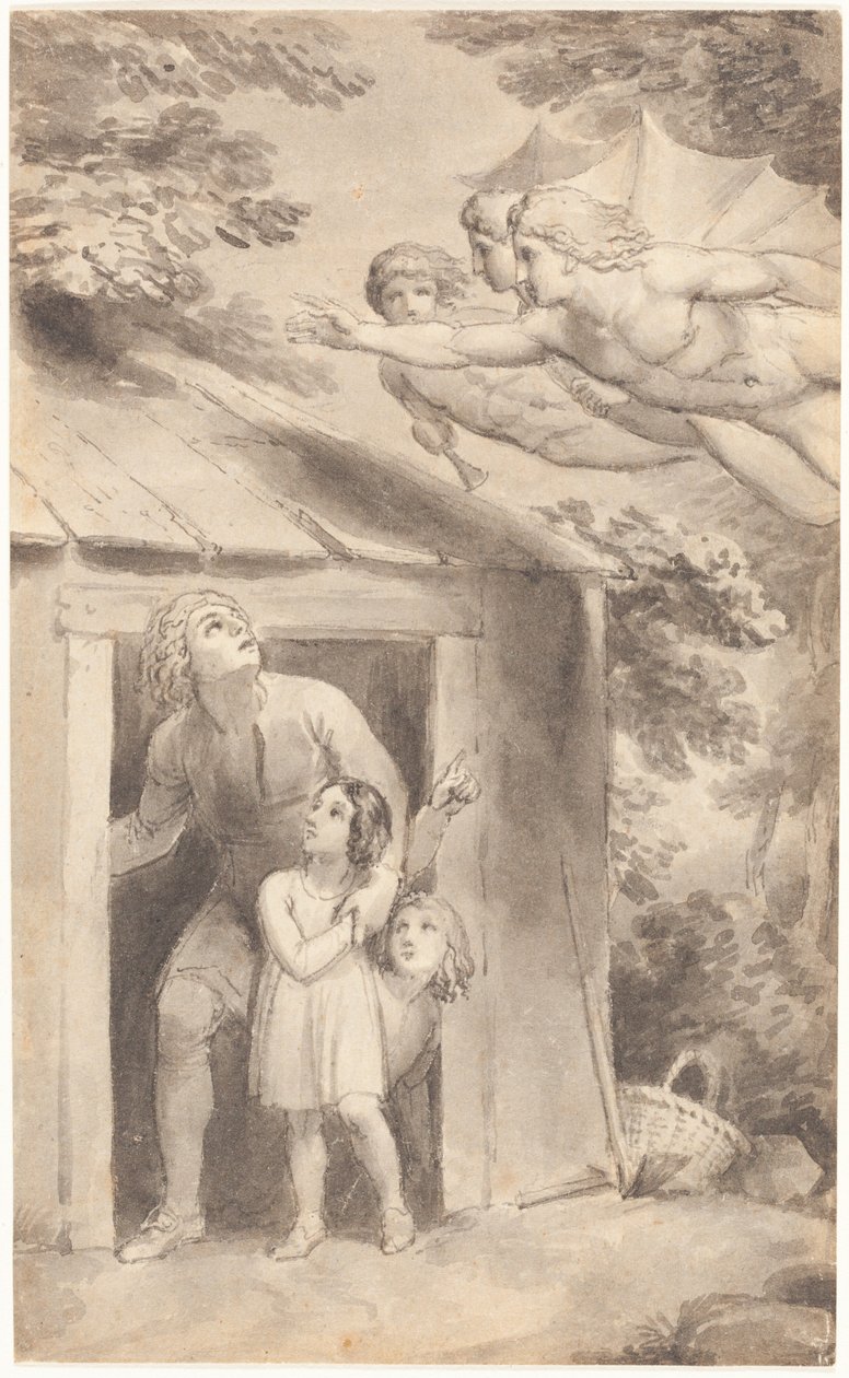 Pedro e os seus filhos visitados por três figuras voadoras de Thomas Stothard