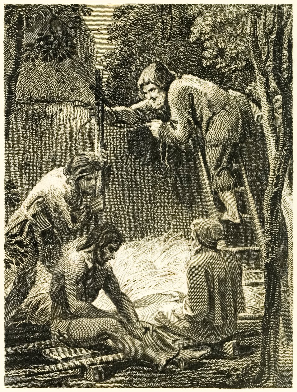 Robinson Crusoé e sexta-feira fazendo uma barraca para apresentar o pai de sexta-feira e o espanhol da vida e estranhas aventuras surpreendentes de Robinson Crusoé, ou York, Mariner de Daniel Defoe de Thomas Stothard
