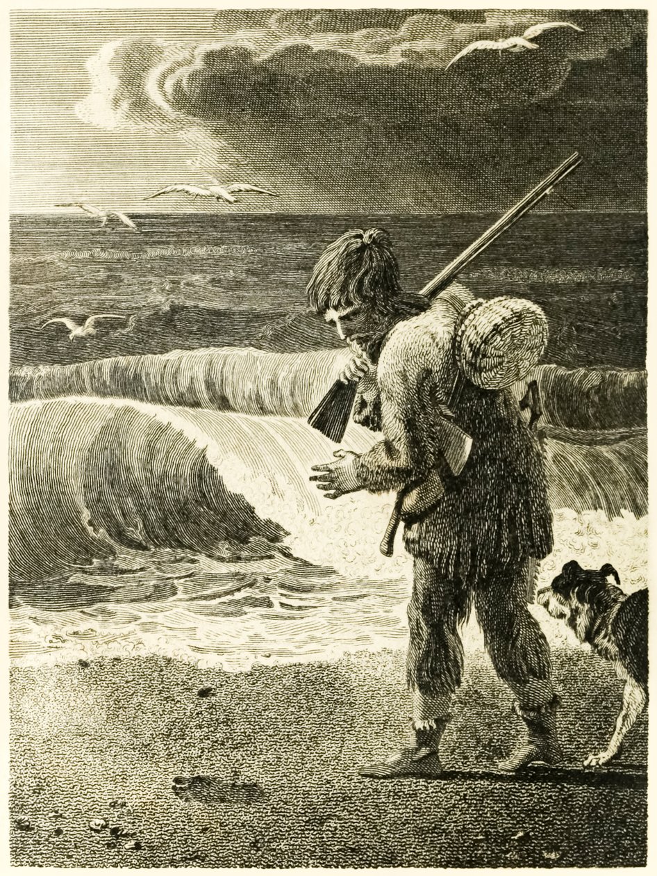 Robinson Crusoe descobre a impressão de um homem da vida e estranhas aventuras surpreendentes de Robinson Crusoé, ou York, Mariner de Daniel Defoe de Thomas Stothard