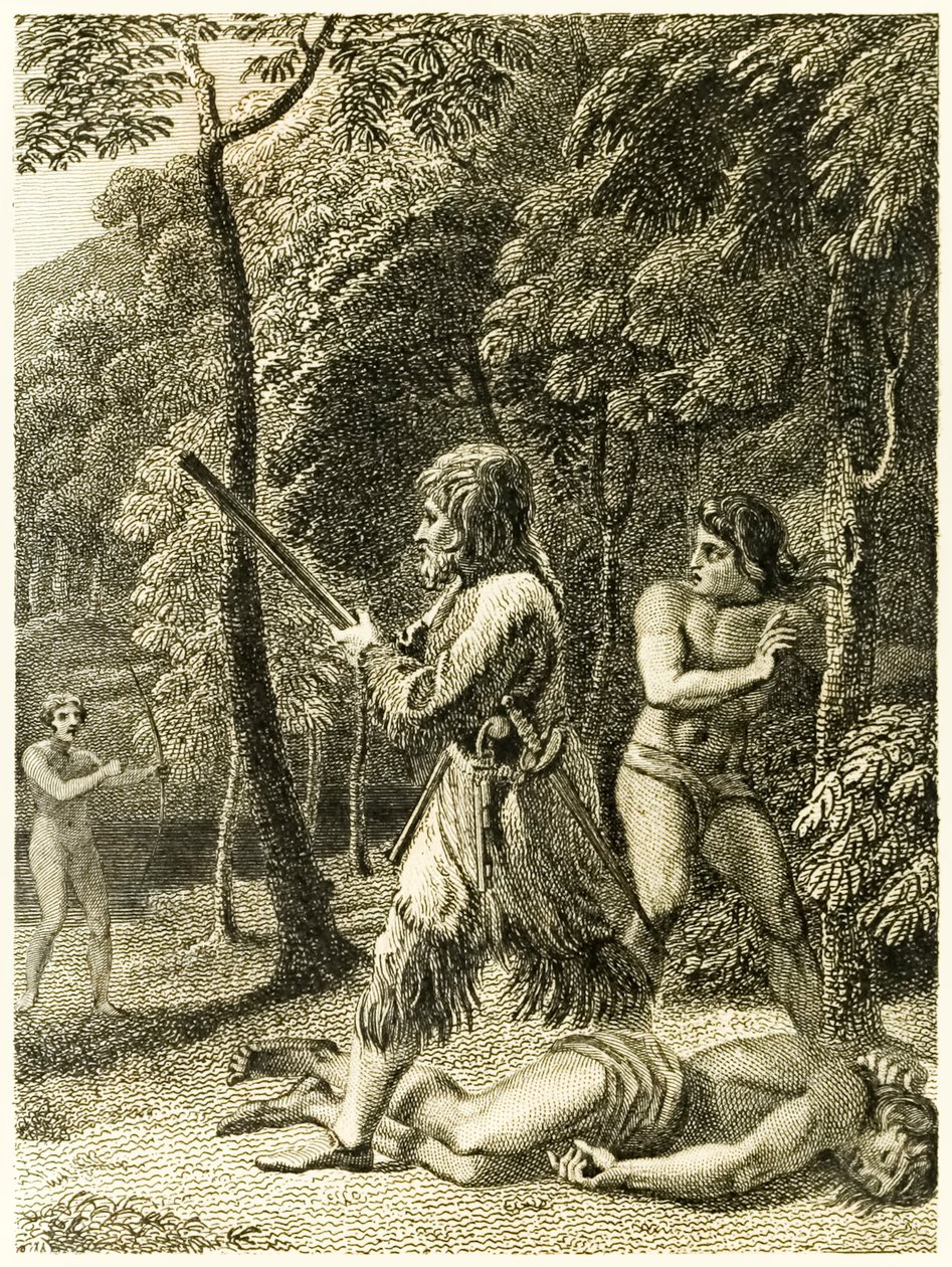 Robinson Crusoé primeiro vê e resgata seu homem na sexta-feira da vida e estranhas aventuras surpreendentes de Robinson Crusoé, ou York, Mariner de Daniel Defoe de Thomas Stothard