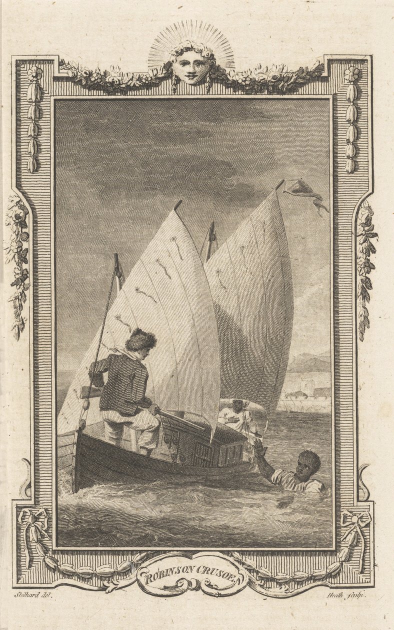 Robinson Crusoe, da revista Novelists Magazine, pub. 1781 de Thomas Stothard