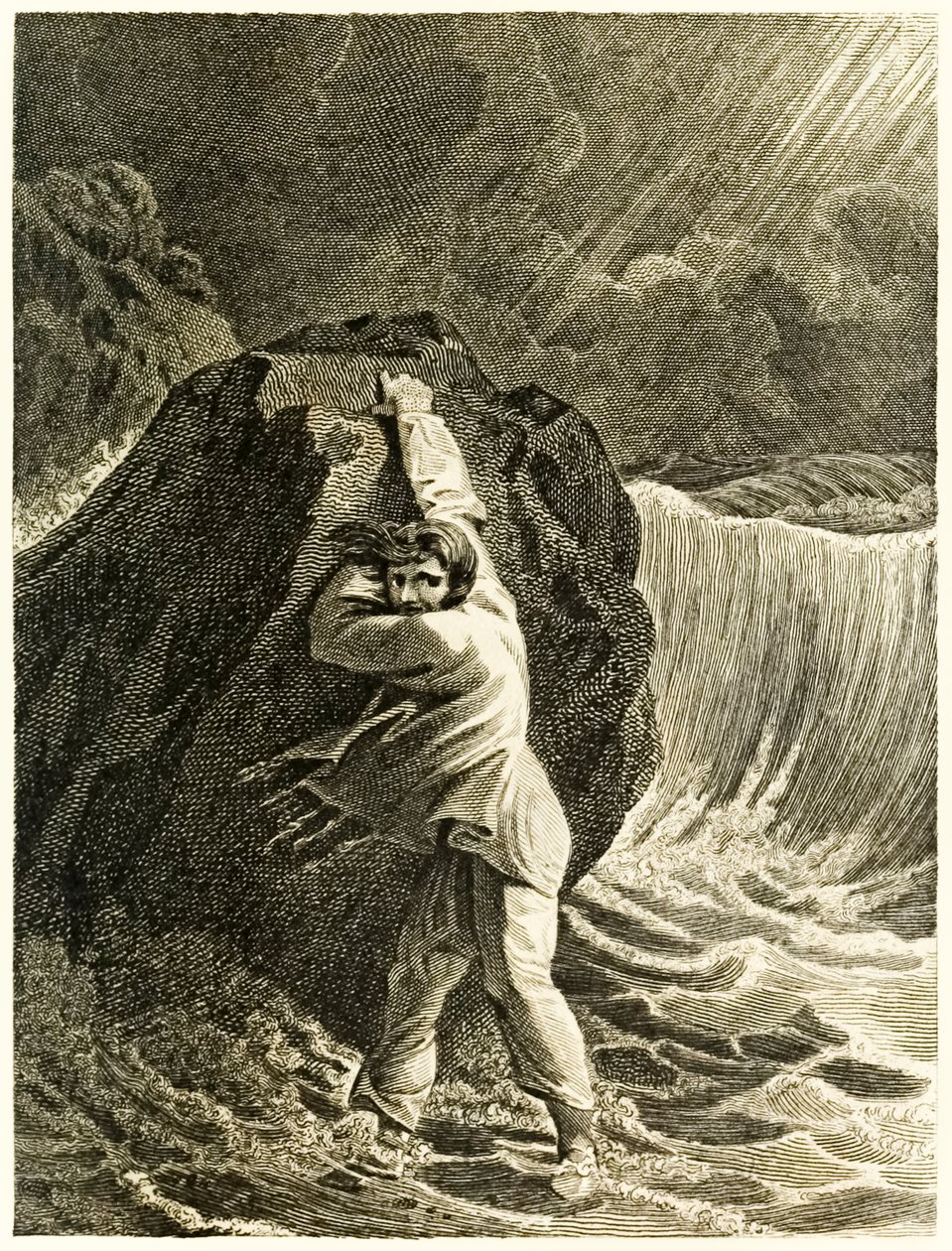 Robinson Crusoe naufragou e se agarrou a uma rocha da vida e estranhas aventuras surpreendentes de Robinson Crusoé, ou York, Mariner de Daniel Defoe de Thomas Stothard