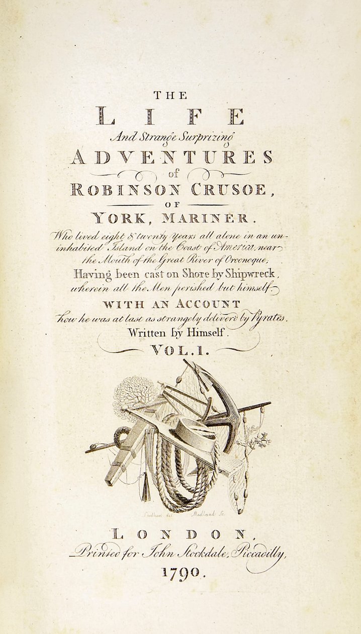 Página de Robinson Crusoé da The Life and Strange Surprising Adventures of Robinson Crusoé, ou York, Mariner por Daniel Defoe de Thomas Stothard