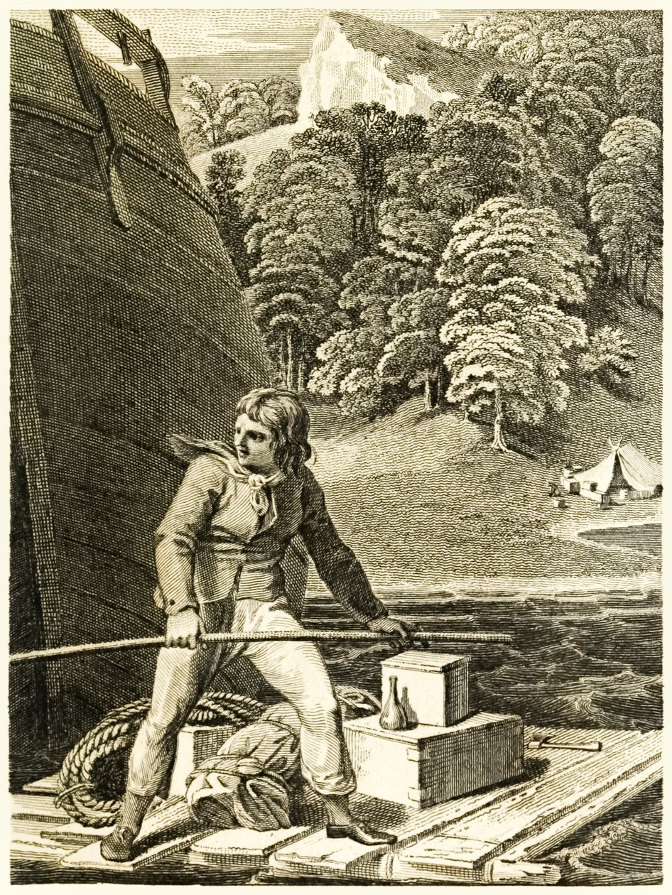 Robinson Crusoé em cima de sua jangada da vida e estranhas aventuras surpreendentes de Robinson Crusoé, ou York, Mariner de Daniel Defoe de Thomas Stothard