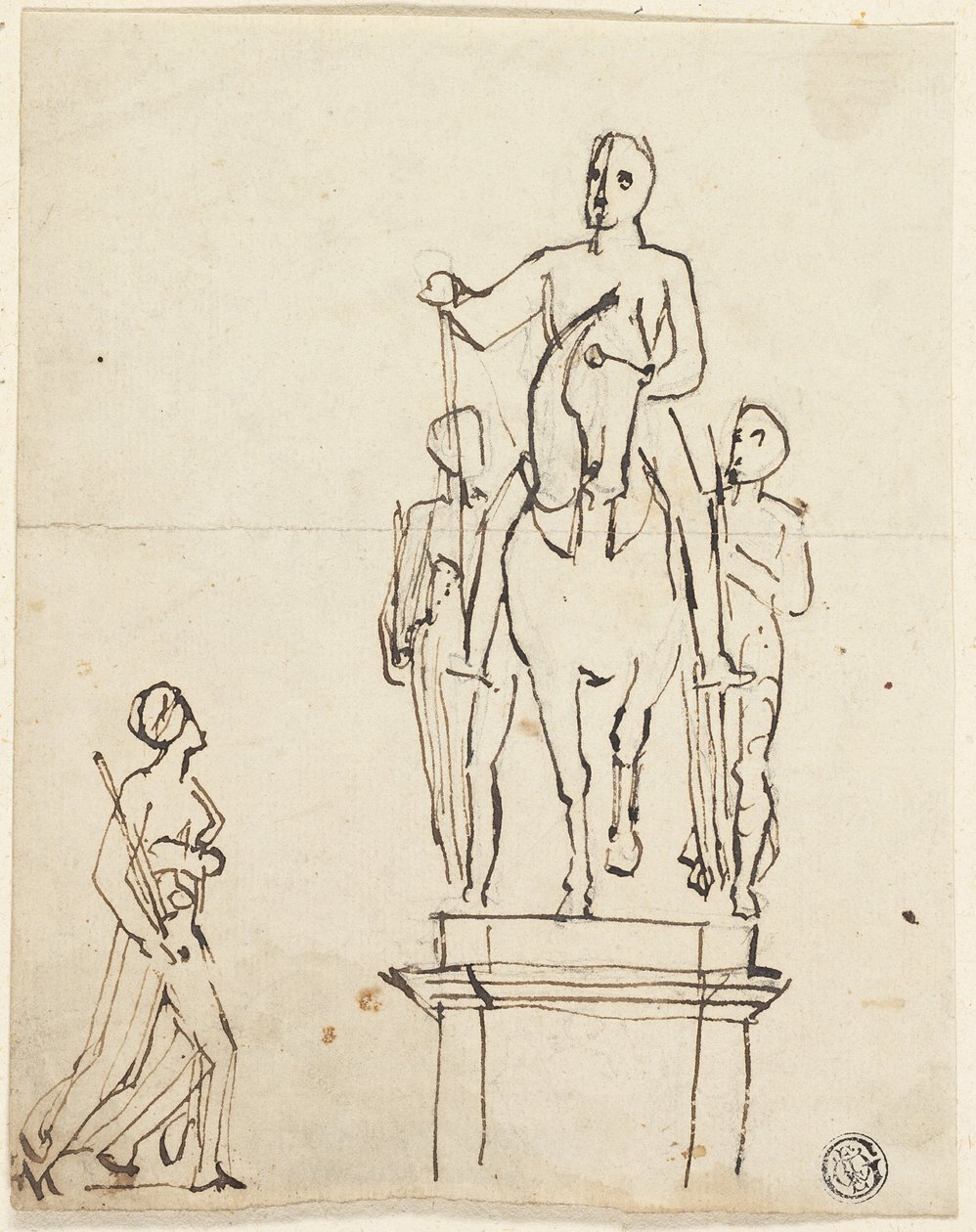 Escultura de cavaleiro acompanhado por duas figuras em pé, com esboço de um dos últimos de Thomas Stothard